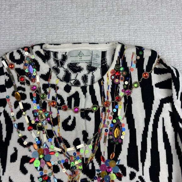 Design Options By Philip & Jane Gordon Zebra Print Jewel Sweater Cardigan Size M - Picture 2 of 16